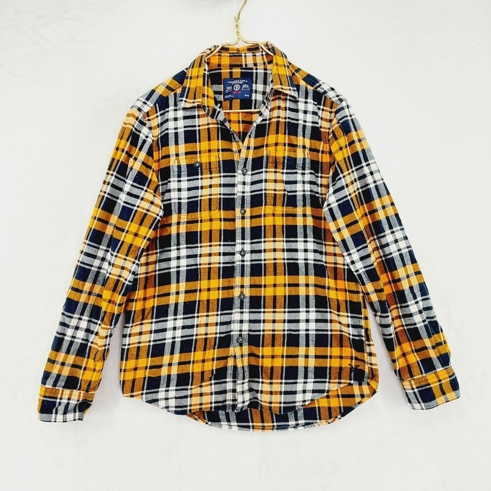 American Eagle Outfitters Yellow Plaid Prep Fit Cotton Button Down Shirt P6245